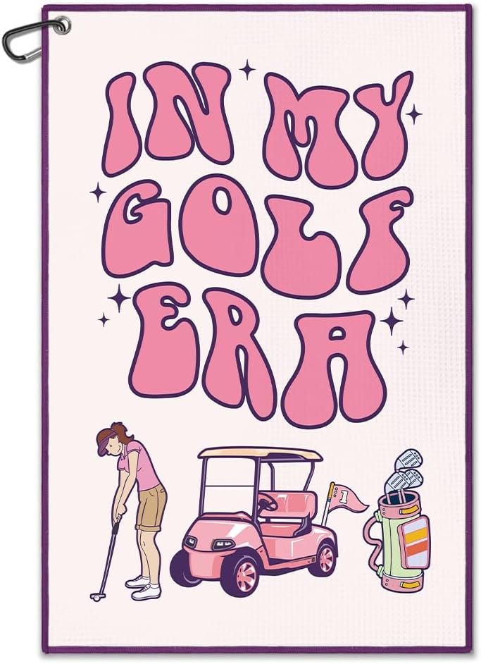 WUUCKOO in My Golf Era Printed Pink Towel, Funny Bag Towels for Women with Clip, Accessories for Ladies, Gifts for Golfer Player Lover, Woman Golf Towel - Image 1